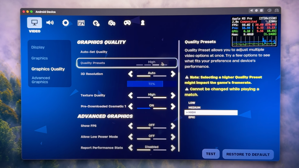 Fortnite mobile setting